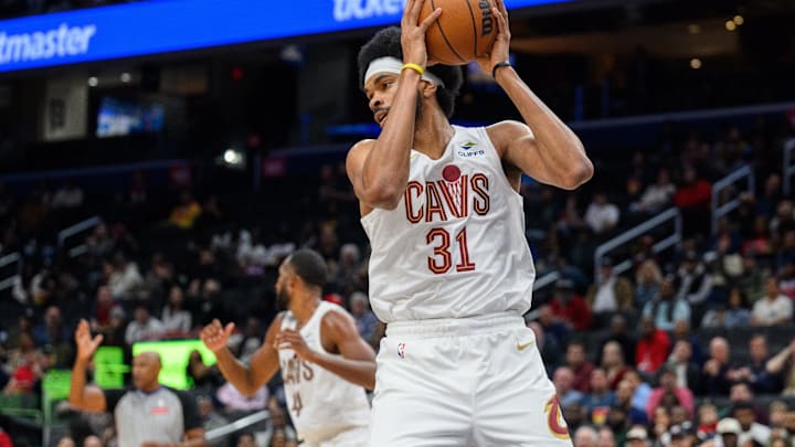 Oct 26, 2024; Washington, District of Columbia, USA; Cleveland Cavaliers center Jarrett Allen (31) grabs a rebound against the Washington Wizards during the second quarter at Capital One Arena. Mandatory Credit: Reggie Hildred-Imagn Images