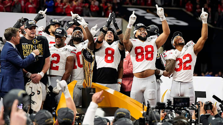 Ohio State Buckeyes celebrate their 34-23 win over Notre Dame Fighting Irish to win the College Football Playoff National Championship at Mercedes-Benz Stadium in Atlanta on January 20, 2025.