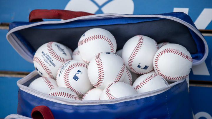 Jul 7, 2023; Detroit, Michigan, USA; A bag of baseballs sits in the Toronto Blue Jays dugout before