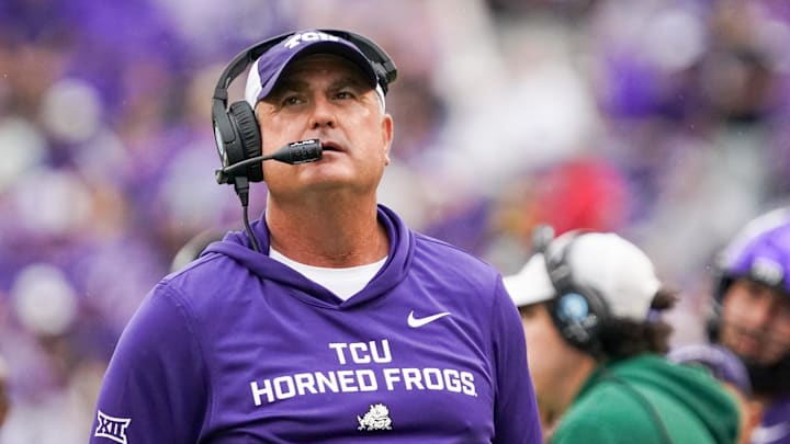 Oct 18, 2025; Fort Worth, Texas, USA; TCU Horned Frogs head coach Sonny Dykes on the sidelines against the Baylor Bears during the second half of a game at Amon G. Carter Stadium. Mandatory Credit: Raymond Carlin III-Imagn Images
