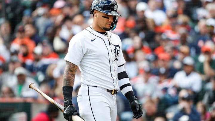 Detroit Tigers shortstop Javier Báez (28) reacts after strikeout against Oakland Athletics during
