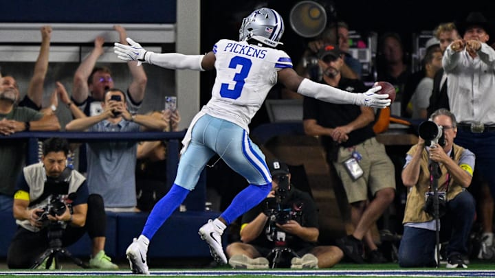 Dallas Cowboys wide receiver George Pickens celebrates in the end zone after he catches a pass for a touchdown. Dallas Cowboys wide receiver George Pickens celebrates in the end zone after he catches a pass for a touchdown.