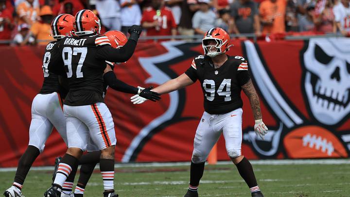 Sep 20, 2026; Tampa, Florida, USA; Cleveland Browns defensive tackle Mason Graham (94) celebrates a sack against Tampa Bay Buccaneers quarterback Baker Mayfield (6) (not pictured) during the second half at Raymond James Stadium. Mandatory Credit: Kim Klement Neitzel-Imagn Images Sep 20, 2026; Tampa, Florida, USA; Cleveland Browns defensive tackle Mason Graham (94) celebrates a sack against Tampa Bay Buccaneers quarterback Baker Mayfield (6) (not pictured) during the second half at Raymond James Stadium. Mandatory Credit: Kim Klement Neitzel-Imagn Images