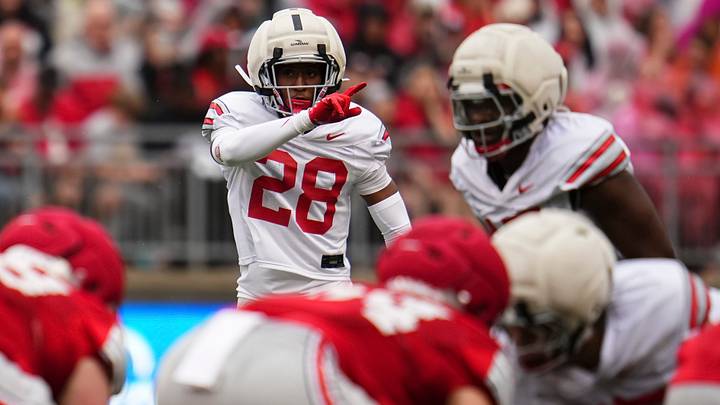 Safety Simeon Caldwell (28) motions during the Ohio State football spring game at Ohio Stadium in Columbus on April 18, 2026. Safety Simeon Caldwell (28) motions during the Ohio State football spring game at Ohio Stadium in Columbus on April 18, 2026.