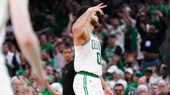 Jun 6, 2024; Boston, Massachusetts, USA; Boston Celtics forward Jayson Tatum (0) reacts in the third quarter against the Dallas Mavericks during game one of the 2024 NBA Finals at TD Garden. Mandatory Credit: David Butler II-USA TODAY Sports Jun 6, 2024; Boston, Massachusetts, USA; Boston Celtics forward Jayson Tatum (0) reacts in the third quarter against the Dallas Mavericks during game one of the 2024 NBA Finals at TD Garden. Mandatory Credit: David Butler II-USA TODAY Sports