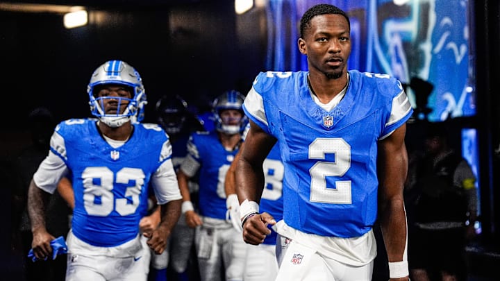 Detroit Lions quarterback Hendon Hooker (2) takes the field for practice ahead the Houston Texans game at Ford Field in Detroit on Saturday, August 23, 2025.