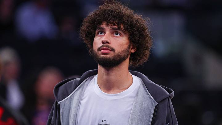 Oct 15, 2026; New York, New York, USA;  Toronto Raptors power forward Allen Graves (22) looks on during warm ups before the game against the New York Knicks at Madison Square Garden.  Mandatory Credit: Vincent Carchietta-Imagn Images