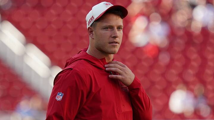 Aug 13, 2026; Santa Clara, California, USA; San Francisco 49ers running back Christian McCaffrey (23) watches warmups before a preseason game against the Tennessee Titans at Levi's Stadium. Aug 13, 2026; Santa Clara, California, USA; San Francisco 49ers running back Christian McCaffrey (23) watches warmups before a preseason game against the Tennessee Titans at Levi's Stadium.