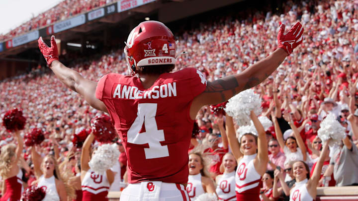 Oklahoma's Nic Anderson (4) celebrates a touchdown in the first half of the college football game between the University of Oklahoma Sooners and the University of Central Florida Knights at Gaylord Family Oklahoma-Memorial Stadium in Norman, Okla., Saturday, Oct., 21, 2023.
