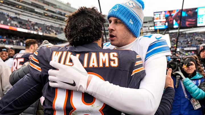 Caleb Williams gets a hug from "timing passer" Jared Goff at the end of Sunday's 34-17 Lions win over the Bears.