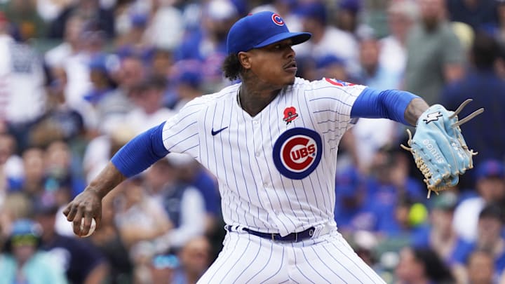 May 29, 2023; Chicago, Illinois, USA; Chicago Cubs starting pitcher Marcus Stroman (0) throws the