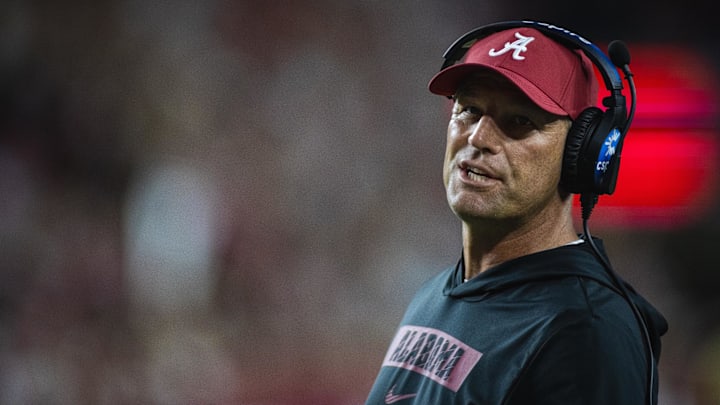 Sep 28, 2024; Tuscaloosa, Alabama, USA; Alabama Crimson Tide head coach Kalen DeBoer on the sideline during the third quarter against the Georgia Bulldogs at Bryant-Denny Stadium. Sep 28, 2024; Tuscaloosa, Alabama, USA; Alabama Crimson Tide head coach Kalen DeBoer on the sideline during the third quarter against the Georgia Bulldogs at Bryant-Denny Stadium.