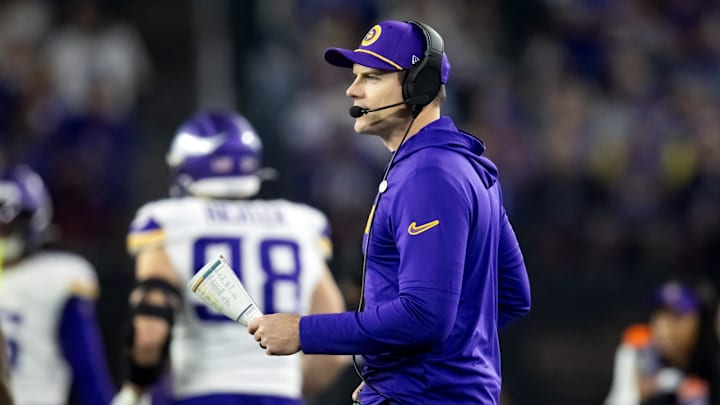 Jan 13, 2025; Glendale, AZ, USA; Minnesota Vikings head coach Kevin O'Connell against the Los Angeles Rams during an NFC wild card game at State Farm Stadium. Jan 13, 2025; Glendale, AZ, USA; Minnesota Vikings head coach Kevin O'Connell against the Los Angeles Rams during an NFC wild card game at State Farm Stadium.