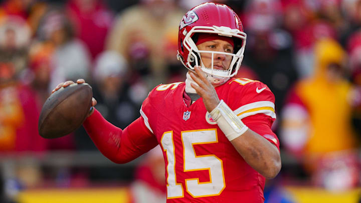 Dec 14, 2025; Kansas City, Missouri, USA; Kansas City Chiefs quarterback Patrick Mahomes (15) throws a pass during the second half against the Los Angeles Chargers at GEHA Field at Arrowhead Stadium.