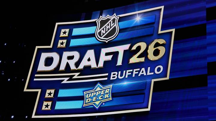 Jun 26, 2026; Buffalo, New York, USA; The logo for the NHL draft during the first round at KeyBank Center. Mandatory Credit: Timothy T. Ludwig-Imagn Images
