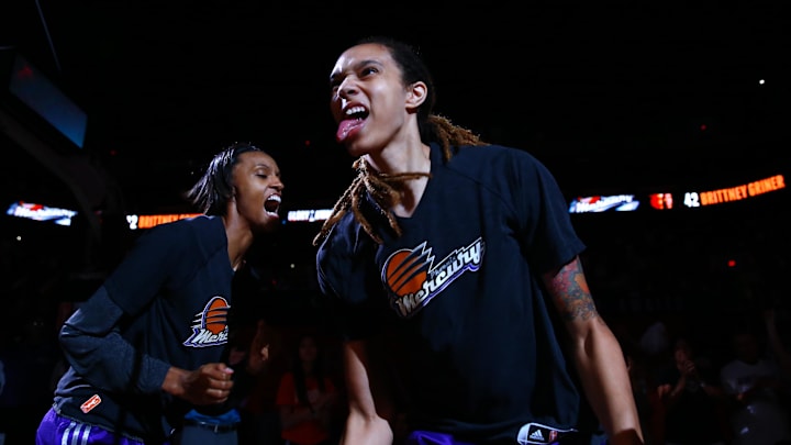 Sep 7, 2014; Phoenix, AZ, USA; Phoenix Mercury center Brittney Griner (right) and guard DeWanna Bonner react prior to the game against the Chicago Sky during game one of the WNBA Finals at US Airways Center. The Mercury defeated the Sky 83-62. Mandatory Credit: Mark J. Rebilas-Imagn Images
