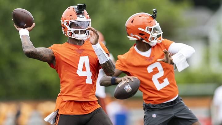 Jun 9, 2026; Berea, OH, USA; Cleveland Browns quarterbacks Deshaun Watson (4) and Shedeur Sanders (2) throw the ball during mandatory mini camp at Cross Country Mortgage Campus. Mandatory Credit: Scott Galvin-Imagn Images