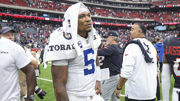 Oct 27, 2024; Houston, Texas, USA; Indianapolis Colts quarterback Anthony Richardson (5) reacts after the game against the Houston Texans at NRG Stadium. Mandatory Credit: Troy Taormina-Imagn Images