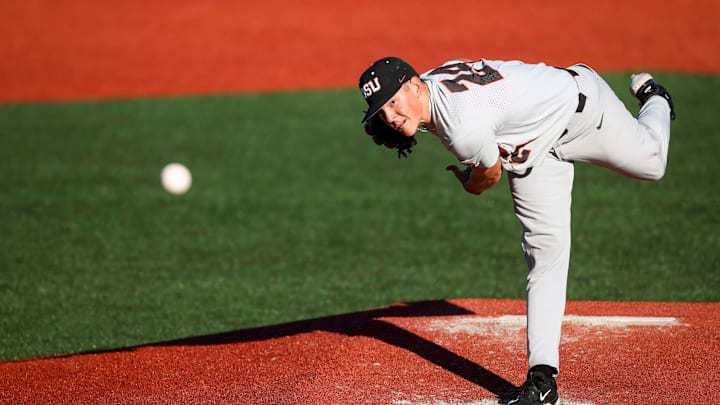 Oregon State pitcher Ethan Kleinschmit (24) throws a pitch during the NCAA Super Regional against Florida State at Goss Stadium on Saturday, June 7, 2025 in Corvallis.