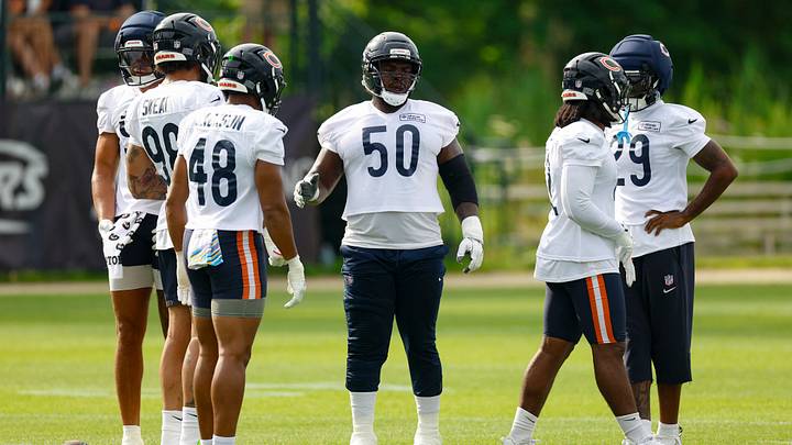 Jul 31, 2026; Lake Forest, IL, USA; Chicago Bears defensive end Grady Jarrett (50) talks to his teammates during Training Camp at Halas Hall. Mandatory Credit: Kamil Krzaczynski-Imagn Images