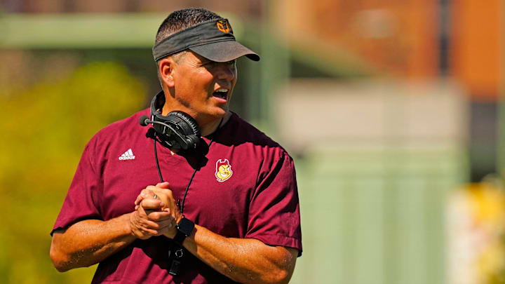 Arizona State defensive coordinator Brian Ward runs a drill for his secondary during the first day of fall practice in Tempe, Ariz. on July 30, 2025.