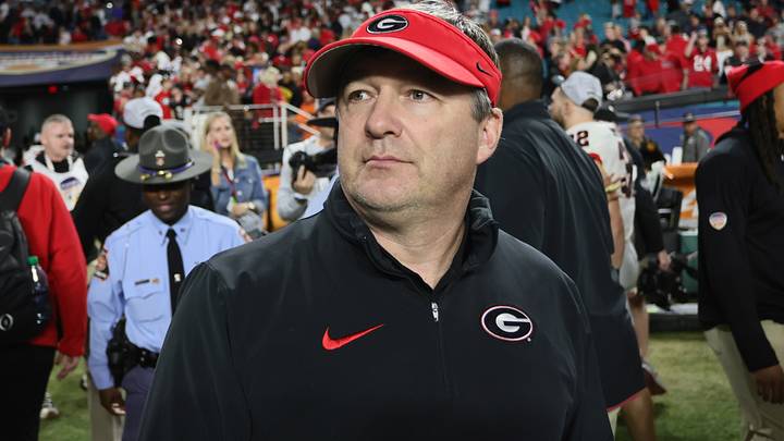 Dec 30, 2023; Miami Gardens, FL, USA; rGeorgia Bulldogs head coach Kirby Smart reacts after the 2023 Orange Bowl at Hard Rock Stadium. Mandatory Credit: Sam Navarro-USA TODAY Sports