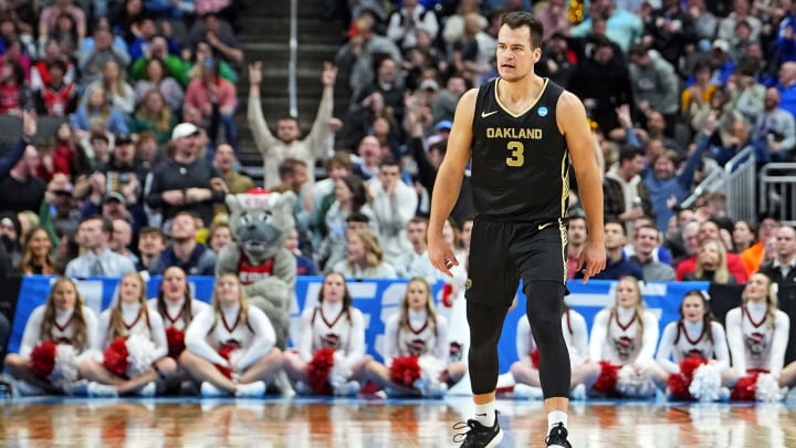 Mar 23, 2024; Pittsburgh, PA, USA; Oakland Golden Grizzlies guard Jack Gohlke (3) reacts after a play during the second half of the game against the North Carolina State Wolfpack in the second round of the 2024 NCAA Tournament at PPG Paints Arena. Mandatory Credit: Gregory Fisher-USA TODAY Sports