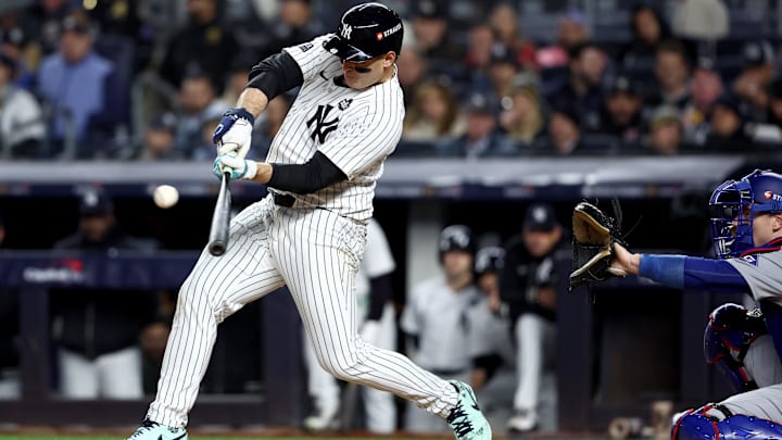 Oct 28, 2024; New York, New York, USA; New York Yankees first baseman Anthony Rizzo (48) singles during the seventh inning against the Los Angeles Dodgers in game three of the 2024 MLB World Series at Yankee Stadium. 