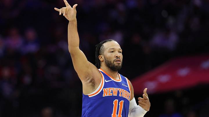 Oct 5, 2026; Philadelphia, Pennsylvania, USA; New York Knicks guard Jalen Brunson (11) reacts to his three pointer against the Philadelphia 76ers during the first quarter at Xfinity Mobile Arena. Mandatory Credit: Bill Streicher-Imagn Images