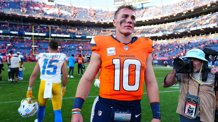 Oct 13, 2024; Denver, Colorado, USA; Denver Broncos quarterback Bo Nix (10) following the loss to the Los Angeles Chargers at Empower Field at Mile High. 