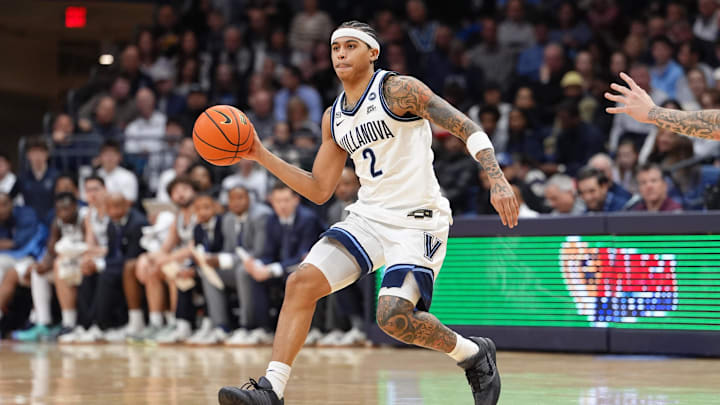 Jan 30, 2026; Villanova, Pennsylvania, USA; Villanova Wildcats guard Bryce Lindsay (2) passes the ball against the Providence Friars in the first half at William B. Finneran Pavilion. Mandatory Credit: Kyle Ross-Imagn Images