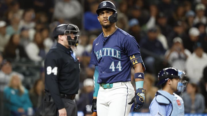 Seattle Mariners center fielder Julio Rodriguez walks to the dugout after striking out against the Tampa Bay Rays on Aug. 27 at T-Mobile Park. Seattle Mariners center fielder Julio Rodriguez walks to the dugout after striking out against the Tampa Bay Rays on Aug. 27 at T-Mobile Park.