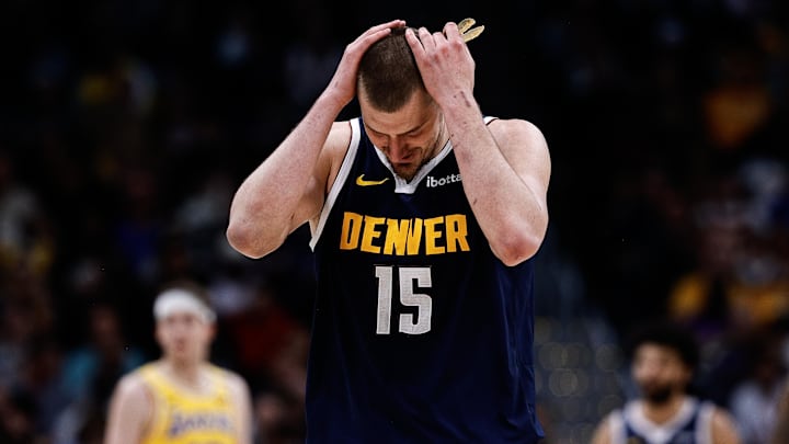 Denver Nuggets center Nikola Jokic (15) in the fourth quarter against the Los Angeles Lakers at Ball Arena. Mandatory Credit: Isaiah J. Downing-Imagn Images