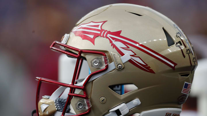 Nov 4, 2023; Pittsburgh, Pennsylvania, USA;  A Florida State Seminoles helmet on the sidelines against the Pittsburgh Panthers during the second quarter at Acrisure Stadium. Mandatory Credit: Charles LeClaire-Imagn Images
