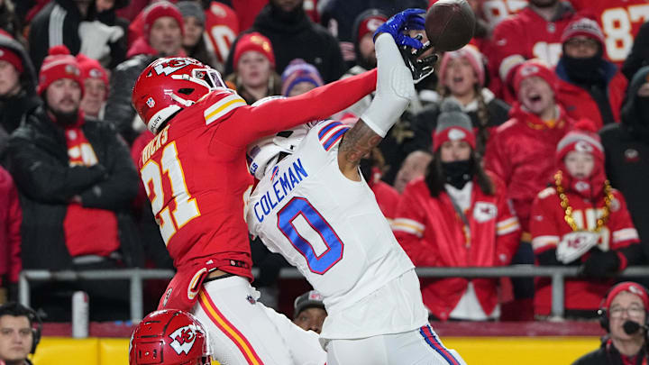 Jan 26, 2025: Buffalo Bills wide receiver Keon Coleman attempts to make a catch over Kansas City Chiefs safety Jaden Hicks in the AFC Championship Game.