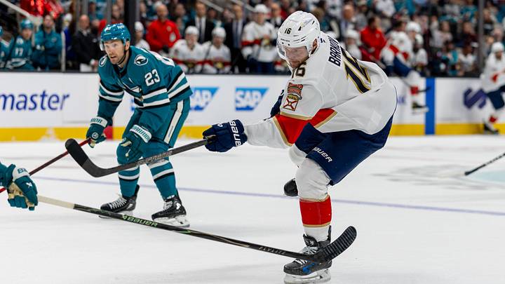 Florida Panthers's captain Aleksander Barkov (16) shoots during the first period against the San Jose Sharks at SAP Center at San Jose. Mandatory Credit: Bob Kupbens-Imagn Images Florida Panthers's captain Aleksander Barkov (16) shoots during the first period against the San Jose Sharks at SAP Center at San Jose. Mandatory Credit: Bob Kupbens-Imagn Images