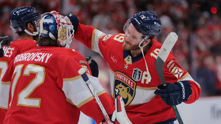Jun 9, 2025; Sunrise, Florida, USA; Florida Panthers forward Matthew Tkachuk (19) celebrates with goaltender Sergei Bobrovsky (72) after the third period in game three of the 2025 Stanley Cup Final at Amerant Bank Arena. Mandatory Credit: Sam Navarro-Imagn Images