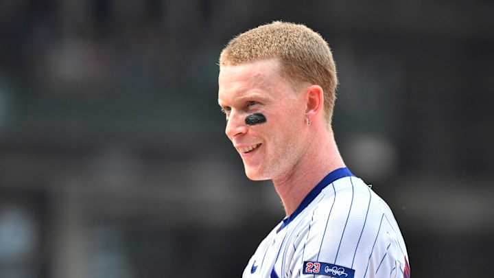 Aug 16, 2025; Chicago, Illinois, USA; Chicago Cubs center fielder Pete Crow-Armstrong (4) smiles during a game against the Pittsburgh Pirates at Wrigley Field. Mandatory Credit: Patrick Gorski-Imagn Images