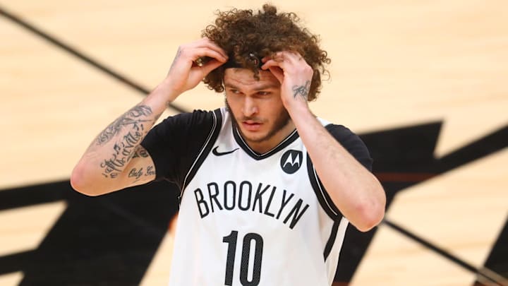 Feb 16, 2021; Phoenix, Arizona, USA; Brooklyn Nets guard Tyler Johnson (10) against the Phoenix Suns at Phoenix Suns Arena. Mandatory Credit: Mark J. Rebilas-Imagn Images