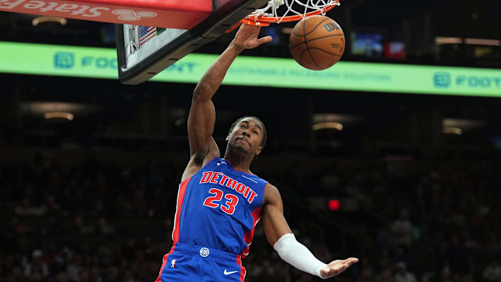 Detroit Pistons guard Jaden Ivey (23) dunks against the Phoenix Suns