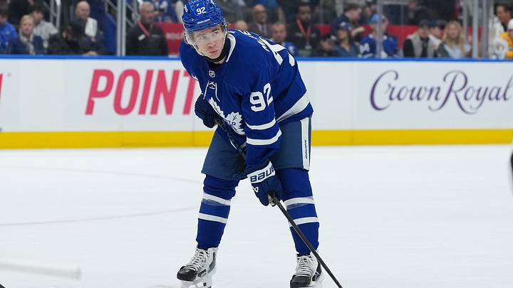 Oct 6, 2026; Toronto, Ontario, CAN;  Toronto Maple Leafs left wing Gavin McKenna (92) waits for the faceoff against the Nashville Predators during the first period at Scotiabank Arena.  Mandatory Credit: Nick Turchiaro-Imagn Images