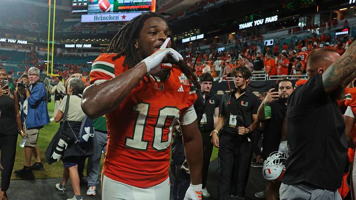 Aug 31, 2025; Miami Gardens, Florida, USA; Miami Hurricanes wide receiver Malachi Toney (10) reacts after defeating the Notre Dame Fighting Irish at Hard Rock Stadium. Mandatory Credit: Sam Navarro-Imagn Images Aug 31, 2025; Miami Gardens, Florida, USA; Miami Hurricanes wide receiver Malachi Toney (10) reacts after defeating the Notre Dame Fighting Irish at Hard Rock Stadium. Mandatory Credit: Sam Navarro-Imagn Images
