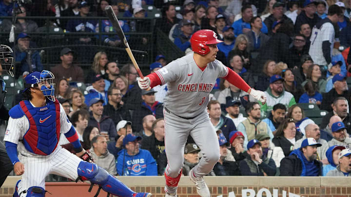 May 5, 2026; Chicago, Illinois, USA; Cincinnati Reds first baseman Nathaniel Lowe (31) hits a single against the Chicago Cubs during the fourth inning at Wrigley Field. Mandatory Credit: David Banks-Imagn Images