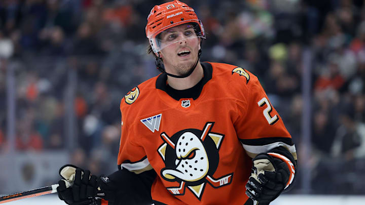 Mar 14, 2025; Anaheim, California, USA; Anaheim Ducks center Isac Lundestrom (21) skates against the Nashville Predators during the third period at Honda Center. Mandatory Credit: Ryan Sun-Imagn Images
