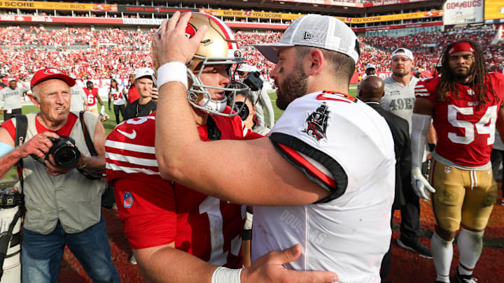 Nov 10, 2024; Tampa, Florida, USA; San Francisco 49ers quarterback Brock Purdy (13) greets Tampa Bay Buccaneers quarterback Baker Mayfield (6) after a game at Raymond James Stadium. Mandatory Credit: Nathan Ray Seebeck-Imagn Images