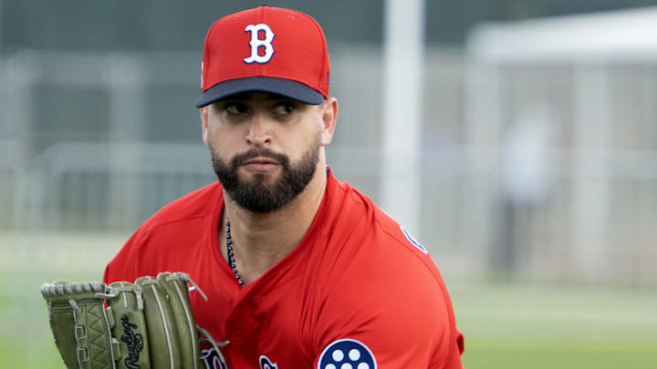 Boston Red Sox pitcher Patrick Sandoval (43) throws the ball during warm ups in the first day of Spring Training on Feb 12, 2025 in Lee County, FL, USA. Chris Tilley-Imagn Images