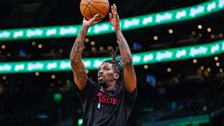 Apr 24, 2024; Boston, Massachusetts, USA; Miami Heat guard Delon Wright (4) warms up before game two vs. the Boston Celtics. Apr 24, 2024; Boston, Massachusetts, USA; Miami Heat guard Delon Wright (4) warms up before game two vs. the Boston Celtics.