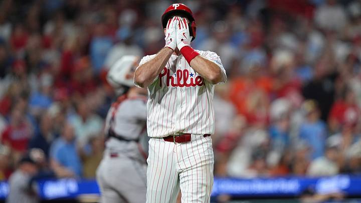 Sep 8, 2026; Philadelphia, Pennsylvania, USA; Philadelphia Phillies catcher J.T. Realmuto (10) reacts after lining into a double play against the Houston Astros in the seventh inning at Citizens Bank Park. Mandatory Credit: Kyle Ross-Imagn Images Sep 8, 2026; Philadelphia, Pennsylvania, USA; Philadelphia Phillies catcher J.T. Realmuto (10) reacts after lining into a double play against the Houston Astros in the seventh inning at Citizens Bank Park. Mandatory Credit: Kyle Ross-Imagn Images