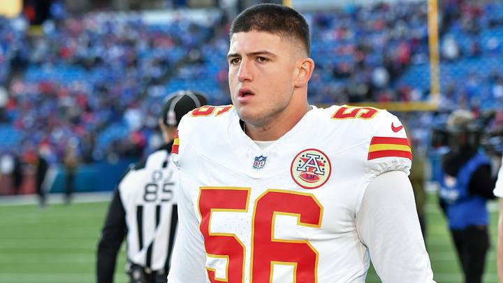 Nov 2, 2025; Orchard Park, New York, USA; Kansas City Chiefs defensive end George Karlaftis (56) goes to the locker room before a game against the Buffalo Bills at Highmark Stadium. Mandatory Credit: Mark Konezny-Imagn Images Nov 2, 2025; Orchard Park, New York, USA; Kansas City Chiefs defensive end George Karlaftis (56) goes to the locker room before a game against the Buffalo Bills at Highmark Stadium. Mandatory Credit: Mark Konezny-Imagn Images