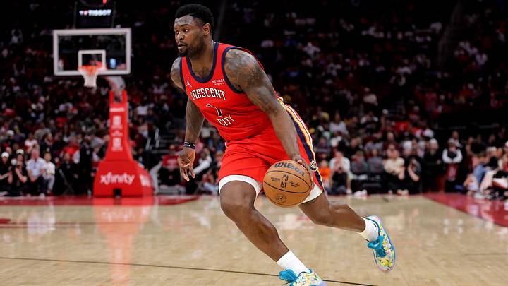 Mar 13, 2026; Houston, Texas, USA; New Orleans Pelicans forward Zion Williamson (1) handles the ball against the Houston Rockets during the game at Toyota Center. Mandatory Credit: Erik Williams-Imagn Images